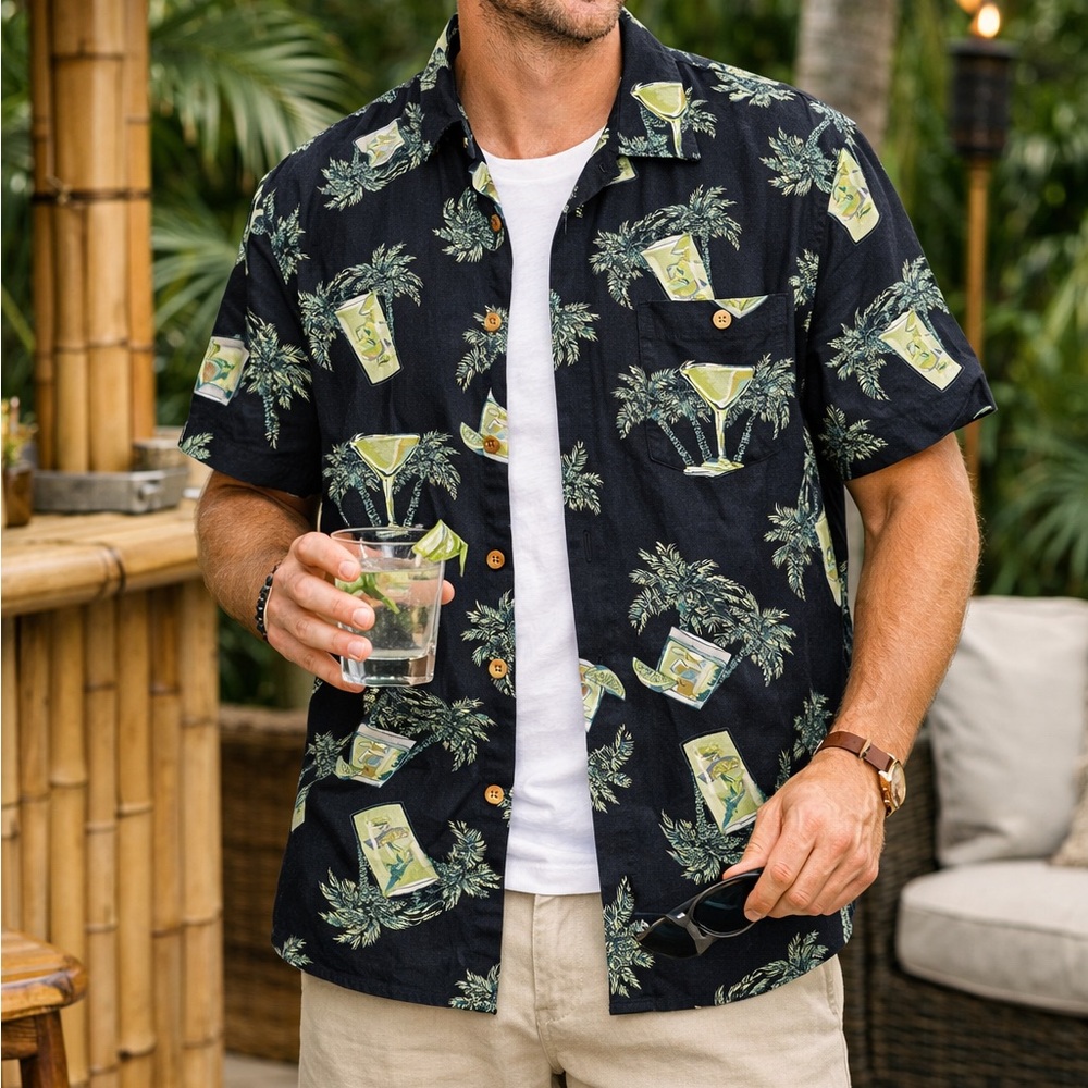 Tiki Martini Print Hawaiian Shirt 🌴 Tropical Resort Camp Shirt Joe Marlin M